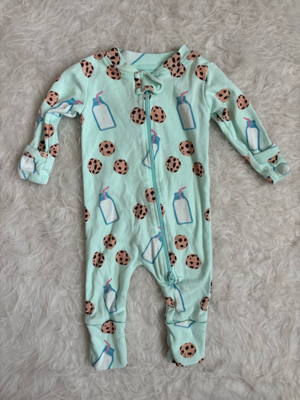 Monica + Andy Baby Footed One Piece Pajama in Mint with Milk & Cookies AOP